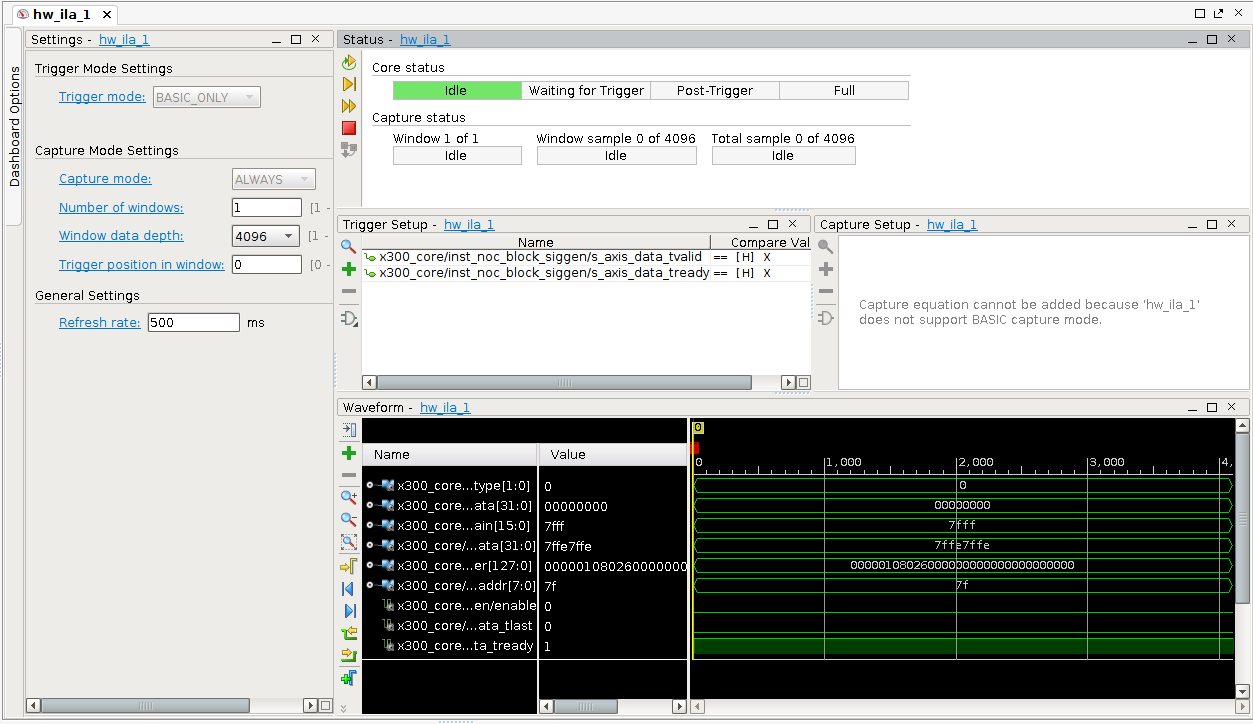 Trigger Setup. You can also see the black panel where all the debug lines are listed.